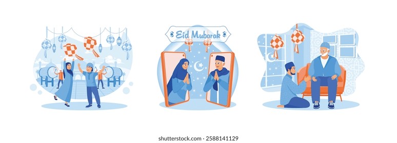 Activities of Muslims on the Eid al-Fitr holiday. Stay in touch and say Eid al-Fitr greetings via smartphone. Forgive each other. Happy Eid Mubarak concept. Set flat vector illustration.