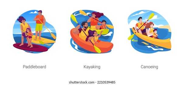 Actividades en el lago aislado cartoon vector de ilustración conjunto. Alquiler de familia, vacaciones de verano, kayak con niños, canoa en el lago, entretenimiento en la caricatura del vector natural.