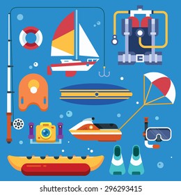 Actividades en el mar durante las vacaciones de verano. Deportes náuticos y diversión. Ilustración plana del vector