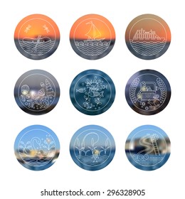 Activities on the water icons set. Types of fun:  yacht, cruise liner, inflatable boat, fish, shells, sunken treasure, feeding birds, water slides, fishing. Line icons with blurred background. 