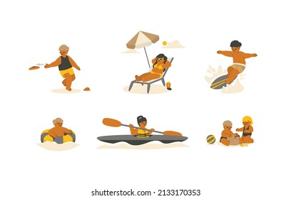 Activities of people when going to the beach Vol.01. frisbee, sunbathe, surfing, canoe, swimimg ring, sand pile cartoon illustration vector on white background.