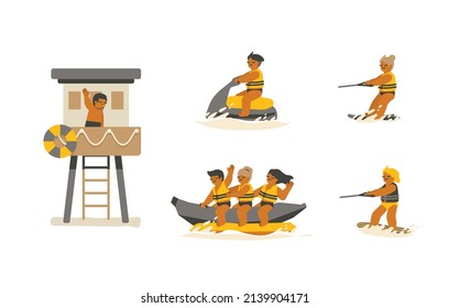 Activities of people when going to the beach Vol.02. beach lifeguard, jetski, water skiing, banana boat, wakeboarding cartoon illustration vector on white background.