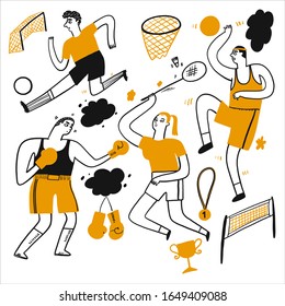 Activities of people who are playing various sports,  Vector Illustration doodle line art style.