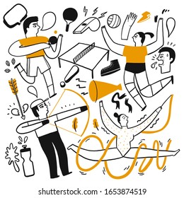 Activities of people who are playing various sports, Hand drawn vector Illustration doodle line art style.