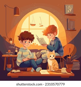 actividades de los escolares que estudian juntos en casa
