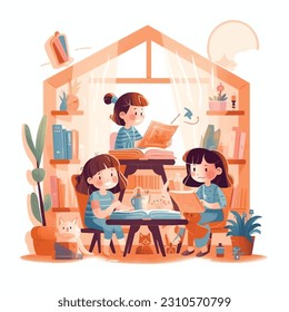 activities of school students studying together at home