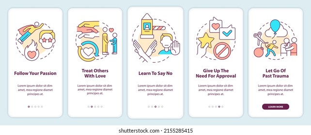 Activities For Self Love Onboarding Mobile App Screen. Follow Passion Walkthrough 5 Steps Graphic Instructions Pages With Linear Concepts. UI, UX, GUI Template. Myriad Pro-Bold, Regular Fonts Used