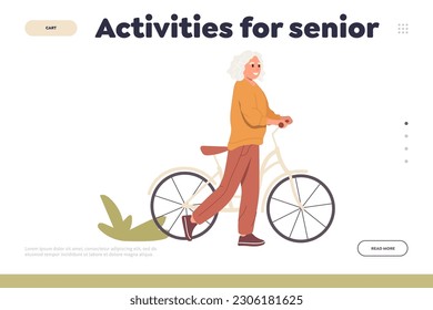 Activities for seniors concept for landing page design template with happy old woman cycling