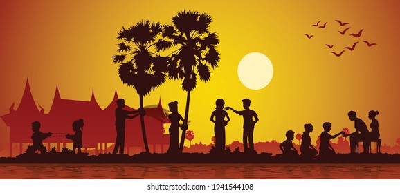 Activities of Song kran day famous festival of Thailand Loas Myanmar and Cambodia,new year,silhouette design,vector illustration