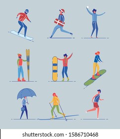Activities and Sports Cartoon Characters Set. People in Various Actions and Motions including Snowboarders, Skiers, Runner and City Men Hurrying on Business. Flat Vector Illustration Isolated.