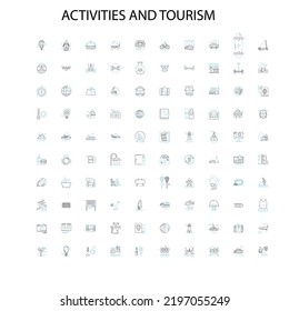 activities and tourism icons, signs, outline symbols, concept linear illustration line collection