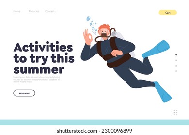 Activities to try this summer concept for landing page template with young scuba diver character