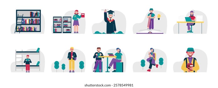 Activities in university dormitory, the busy college life. Character design. Vector flat illustration packs