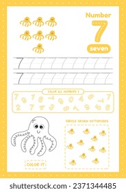 Activity a4 size page for preschool children education with many exercises on one sheet. Learn number 7. Trace, color, count octopuses
