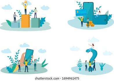 Activity assessment, Online payments, People talking on a smartphone, Question and answer.A set of illustrations for the design.flat vector illustration.