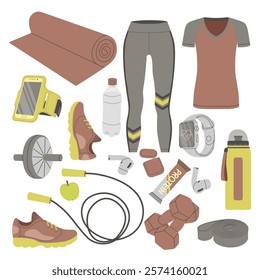 activity, athlete, bag, barbell, bottle, boxing, boxing gloves, clothes, collection, concept, design, dumbbell, equipment, exercise, exercise machine, fashion, fitness, flat, footwear, girl, gloves, g