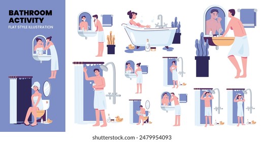 actividad en el cuarto de baño ilustración de estilo plano conjunto de diseño de Vector Paquete