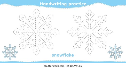 Activity book. Handwriting practice. Tracing lines of Snowflake. Educational children game, printable worksheet, vector illustration