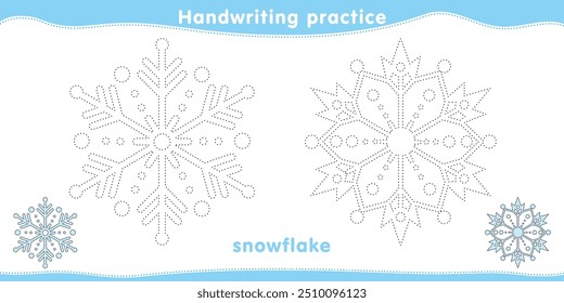 Activity book. Handwriting practice. Tracing lines of Snowflake. Educational children game, printable worksheet, vector illustration