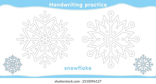 Activity book. Handwriting practice. Tracing lines of Snowflake. Educational children game, printable worksheet, vector illustration