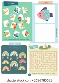 Activity book page with funny characters for kids, worksheet with educational activities for children – maze, matching game, drawing . Vector illustration.