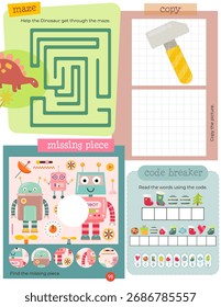 Activity book page with funny characters for kids, worksheet with educational activities for children – maze, copy picture, code breaker, find missing piece. Vector illustration.