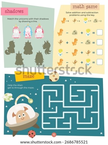 Activity book page with funny characters for kids, worksheet with educational activities for children – maze, math game, matching. Vector illustration.