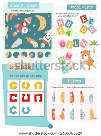 Activity book page with funny characters for kids, worksheet with educational activities for children – word game, logic table, find missing piece, matching game. Vector illustration.