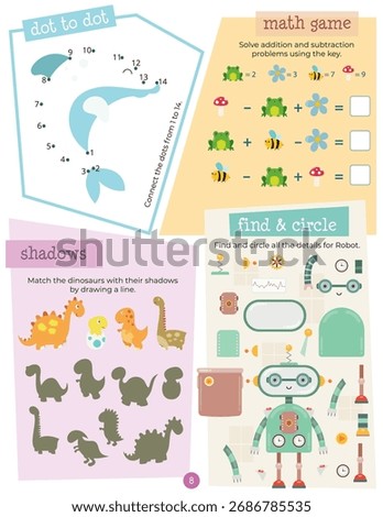 Activity book page with funny characters for kids, worksheet with educational activities for children – dot to dot, solve problems, matching game. Vector illustration.