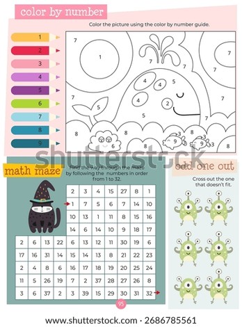 Activity book page with funny characters for kids, worksheet with educational activities for children –color by number, math maze, odd one out. Vector illustration.