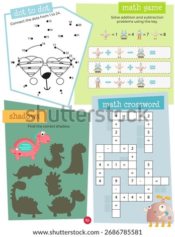 Activity book page with funny characters for kids, worksheet with educational activities for children – dot to dot, solve problems, matching game, math maze. Vector illustration.
