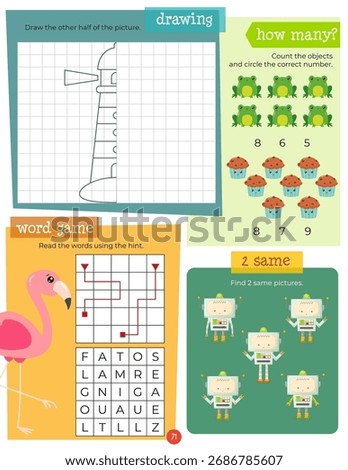 Activity book page with funny characters for kids, worksheet with educational activities for children – finish picture, how many, word game,  two same. Vector illustration.