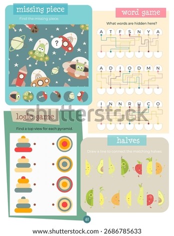 Activity book page with funny characters for kids, worksheet with educational activities for children – word game, logic table, find missing piece, matching game. Vector illustration.