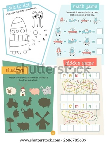 Activity book page with funny characters for kids, worksheet with educational activities for children – dot to dot, solve problems, matching game. Vector illustration.