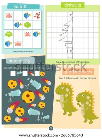Activity book page with funny characters for kids, worksheet with educational activities for children – how many, sudoku, find 5 differences, finish drawing. Vector illustration.