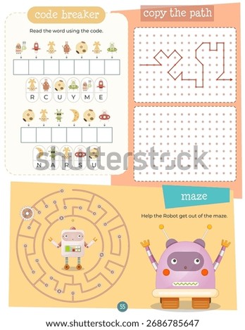 Activity book page with funny characters for kids, worksheet with educational activities for children – code breaker, copy path, maze. Vector illustration.