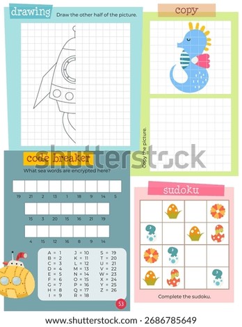 Activity book page with funny characters for kids, worksheet with educational activities for children – drawing, copy picture, code breaker, sudoku. Vector illustration.