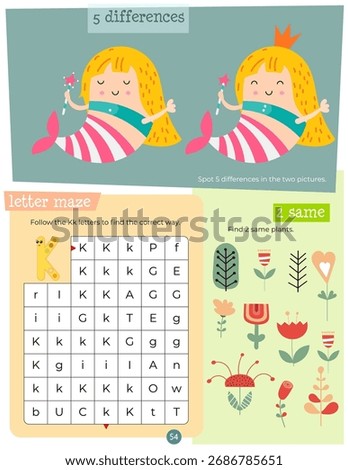 Activity book page with funny characters for kids, worksheet with educational activities for children – find 5 differences, letter maze, matching game. Vector illustration.