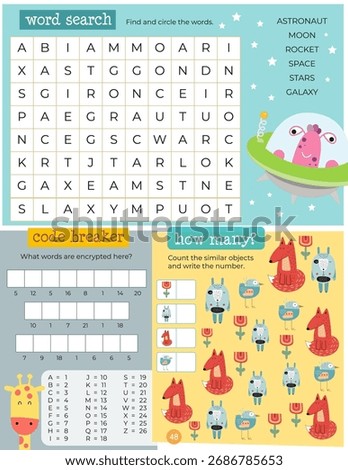 Activity book page with funny characters for kids, worksheet with educational activities for children – word search, code breaker, how many. Vector illustration.