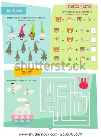 Activity book page with funny characters for kids, worksheet with educational activities for children – maze, math game, matching. Vector illustration.