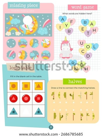 Activity book page with funny characters for kids, worksheet with educational activities for children – find missing piece, word game, logic table, matching game . Vector illustration.