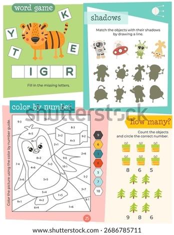 Activity book page with funny characters for kids, worksheet with educational activities for children – word game, matching game, color by number, how many. Vector illustration.