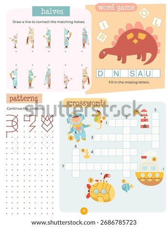 Activity book page with funny characters for kids, worksheet with educational activities for children – matching game, crossword. Vector illustration.