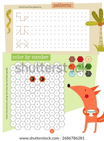 Activity book page with funny characters for kids, worksheet with educational activities for children – continue pattern, color by number. Vector illustration.