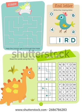 Activity book page with funny characters for kids, worksheet with educational activities for children – maze, word games. Vector illustration.
