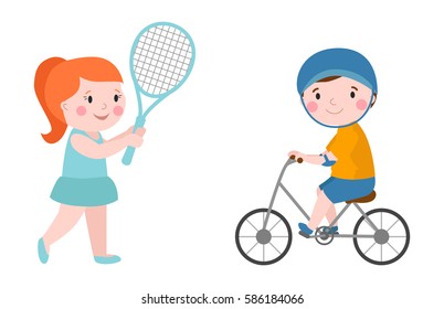 Activity boy on bike young fun sport happy child active lifestyle cartoon recreation and little kid girl tennis player with racket healthy childhood leisure vector illustration.