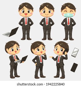 Activity of Businessman working with technology device and protection mask in cartoon character flat vector illustration on white background