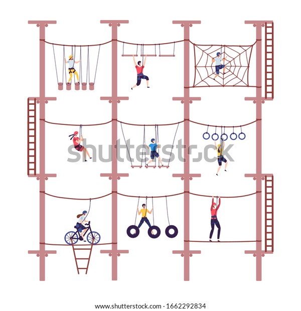 Activity\
children in extreme adventure rope park with climbing equipment in\
childhood cartoon climb vector illustration. Child overcoming\
obstacles took down. Action with team\
building.