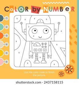 Aktivität Farbe nach Zahl Seite - niedliche Roboter. Robotik-Aktivitäten für Kinder.  Logikspiele für Kinder. Malbuch. Vektorgrafik. Quadratisches Format.