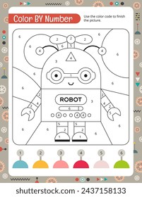 Activity Color by number page – cute Robot. Robotic Activities for kids.  Logic games for children. Coloring book. Vector illustration.